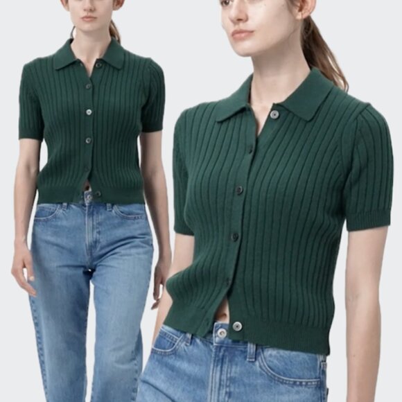 UNIQLO Ribbed Sweater-Knit Polo Short-Sleeve Button-Up Cardigan (Green) - Picture 4 of 16